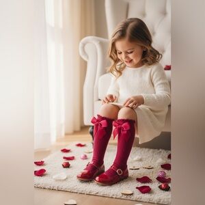 Charming Red  Bow Knee-High Socks for Kids